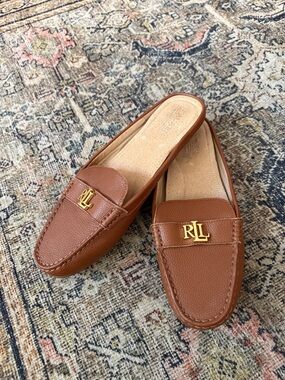 Lauren Ralph Lauren Barnsbury Pebbled Tan Leather Backless Mules Size 8